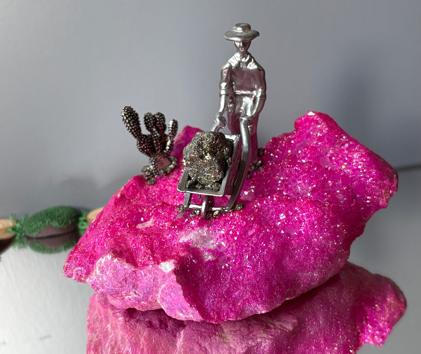 Hot Pink Aura Quartz & Pyrite Crystal Gemstone Miner Cluster - Large