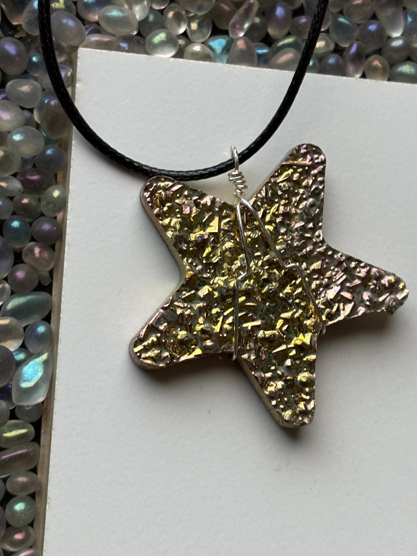 Gold Bismuth Star Crystal Cut Out Metal Art Cord Necklace