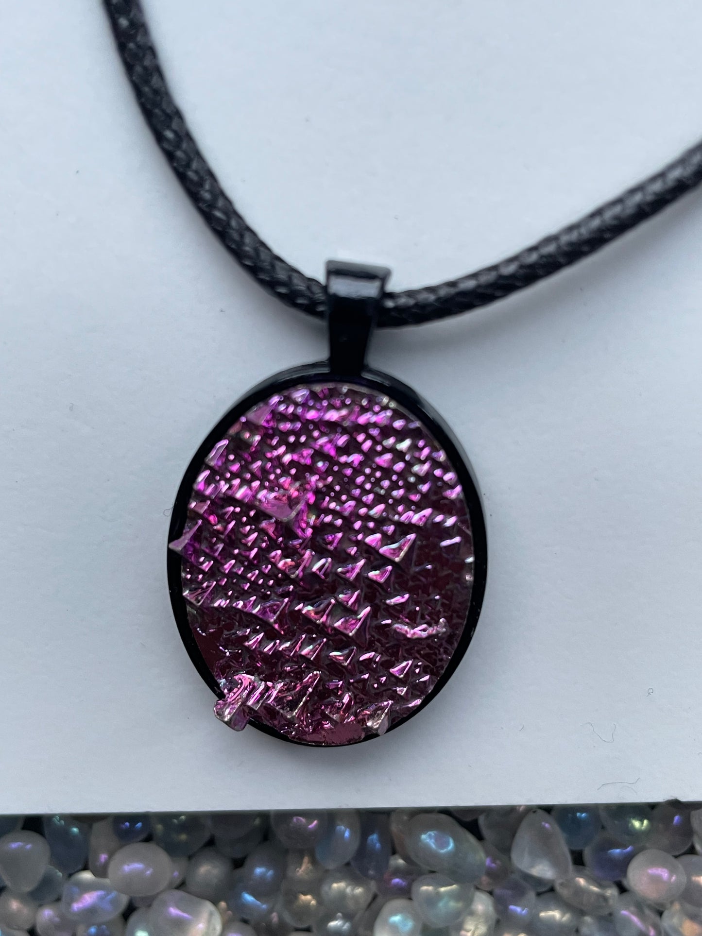 Pink Bismuth Crystal Metal Art Cord Necklace OVAL