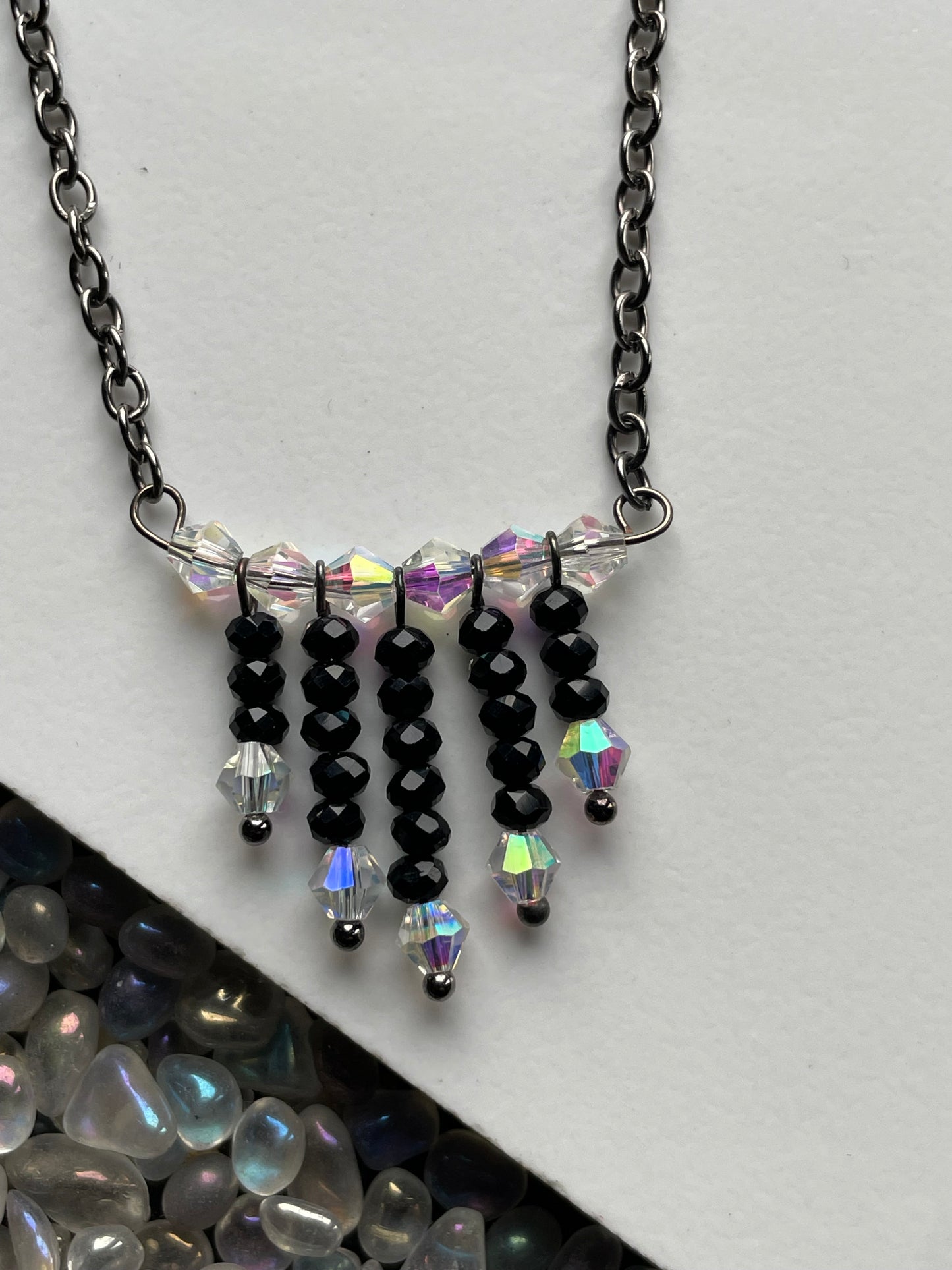 Black Spinel Gemstone & AB Swarovski Crystal Waterfall Necklace Set