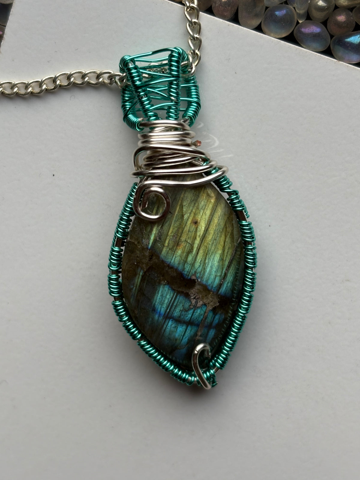 Blue Gold Labradorite Crystal Gemstone Turquoise Wire Necklace