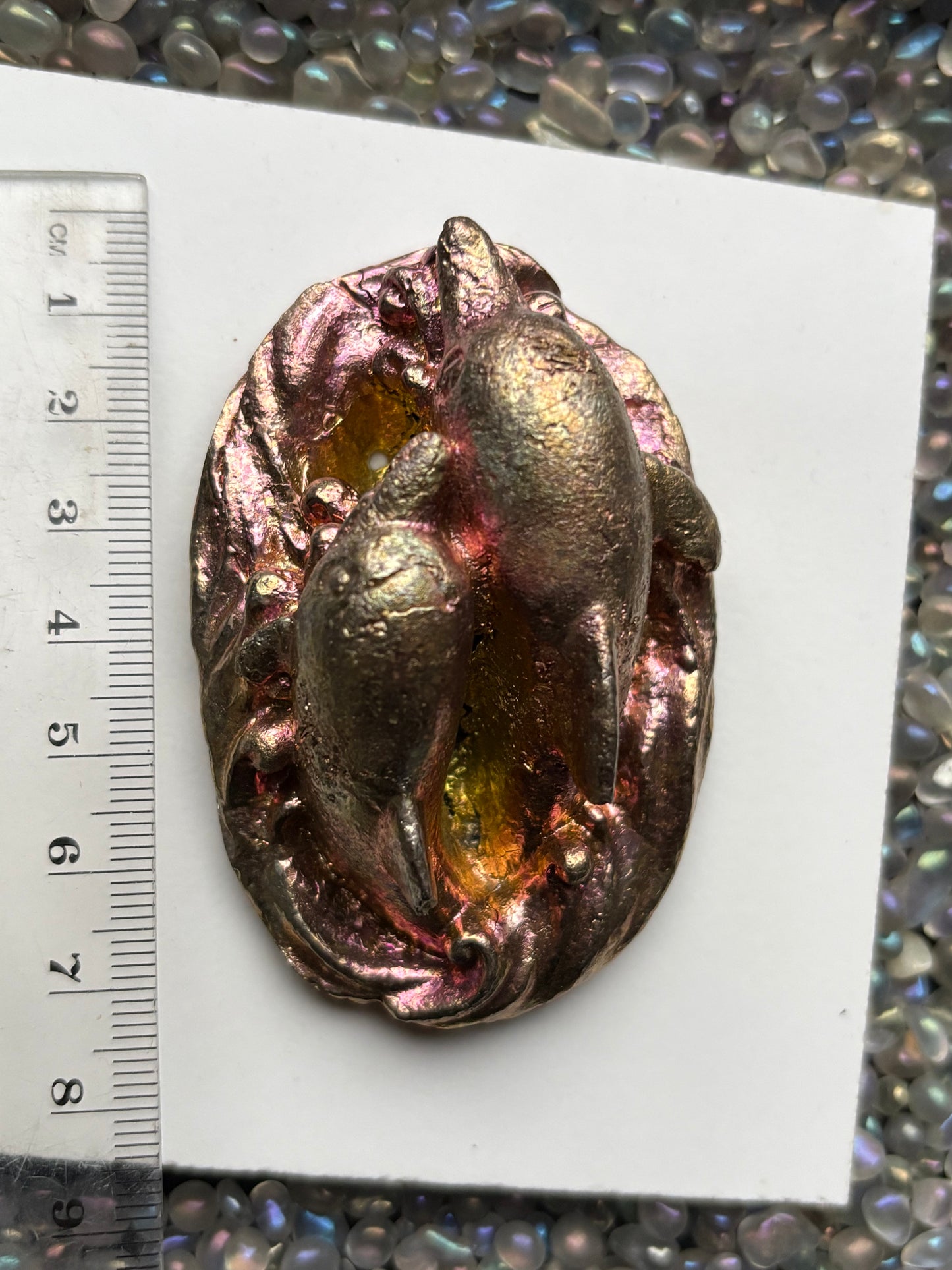 Gold Pink Bismuth Crystal Dolphin Pair Metal Art Sculpture