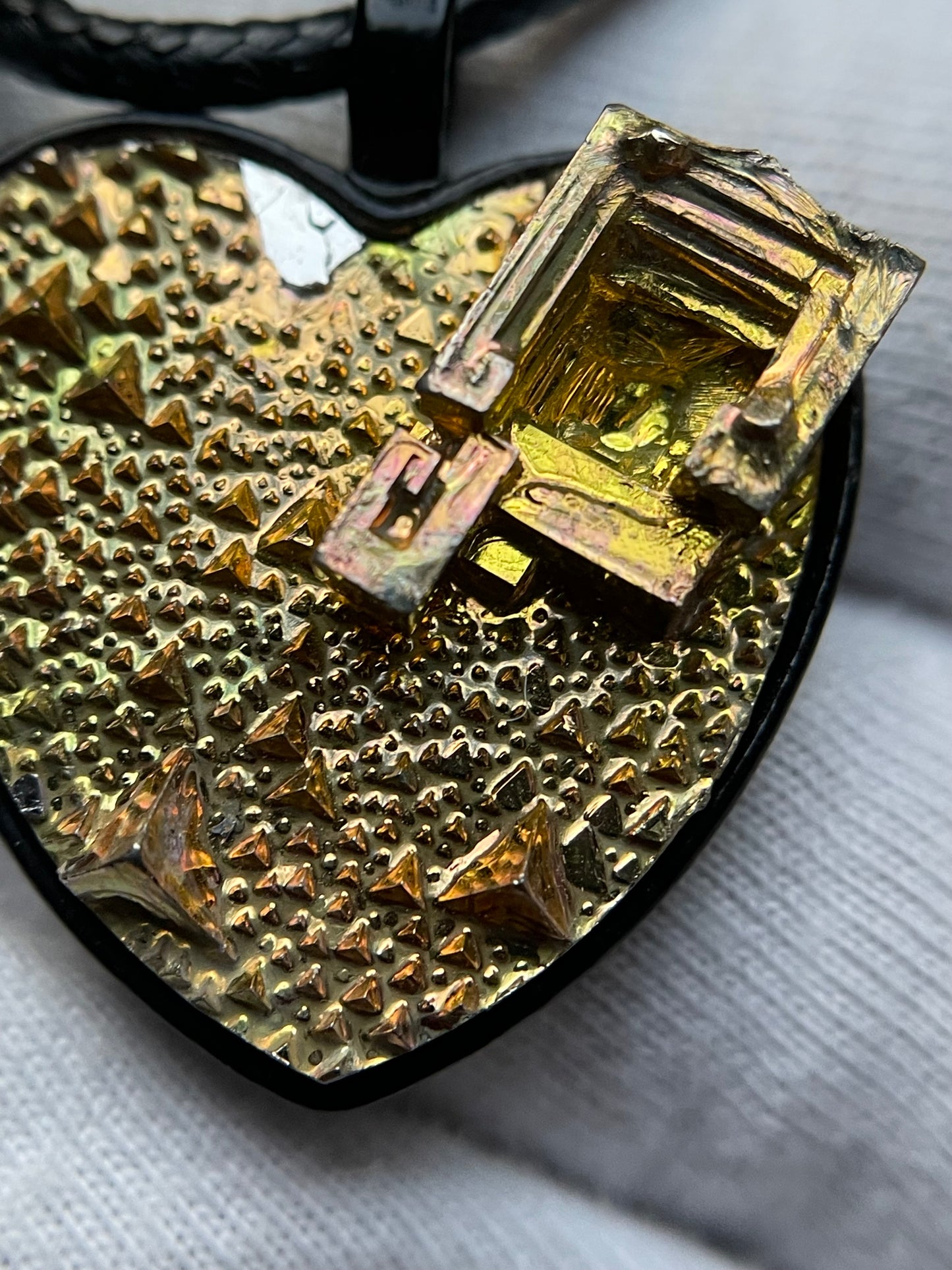 Gold Bismuth Heart Crystal Metal Art Cord Necklace