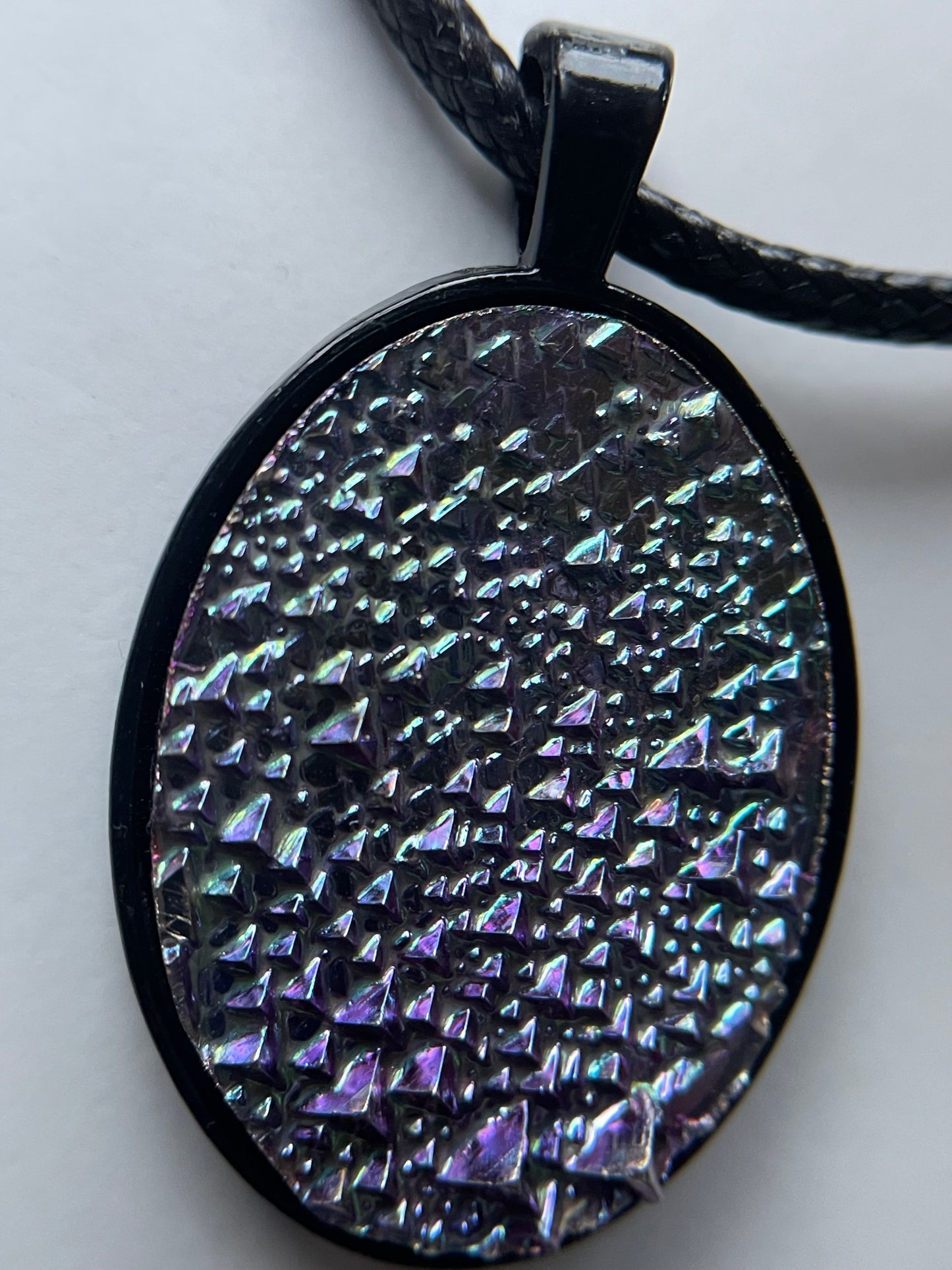 Purple Blue Bismuth Crystal Metal Art Cord Necklace OVAL