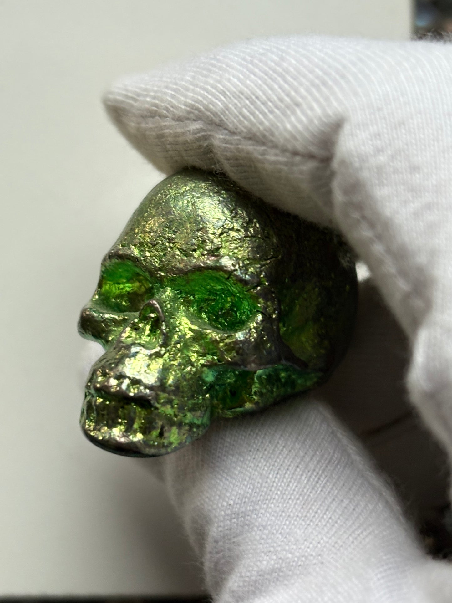 Green Bismuth Crystal Small Skull Metal Sculpture