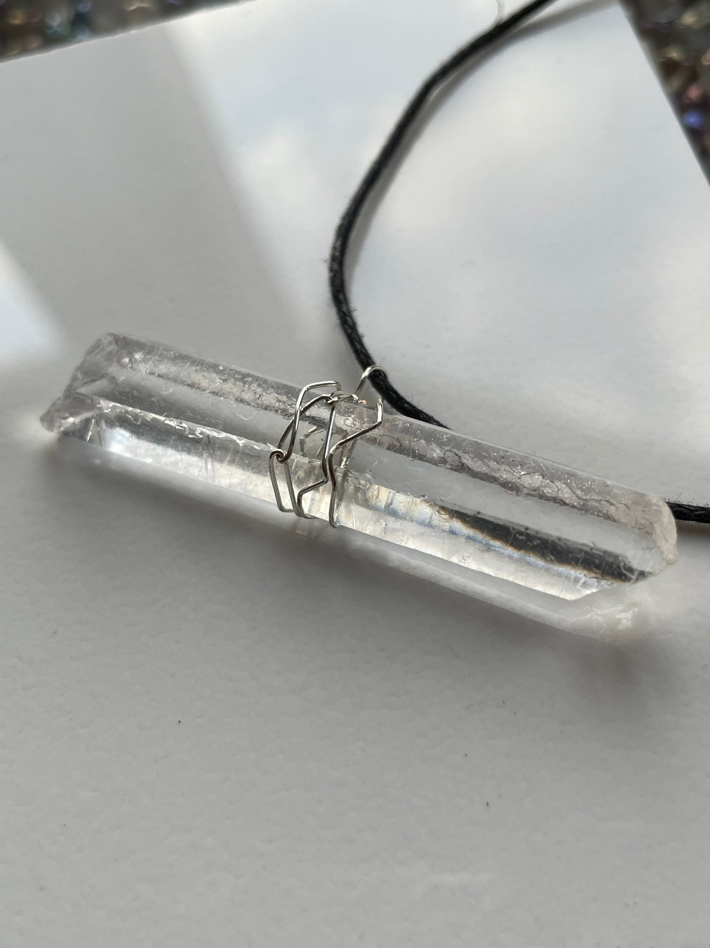 Singing Lemurian Quartz Crystal Gemstone Wire Wrap Necklace - Silver