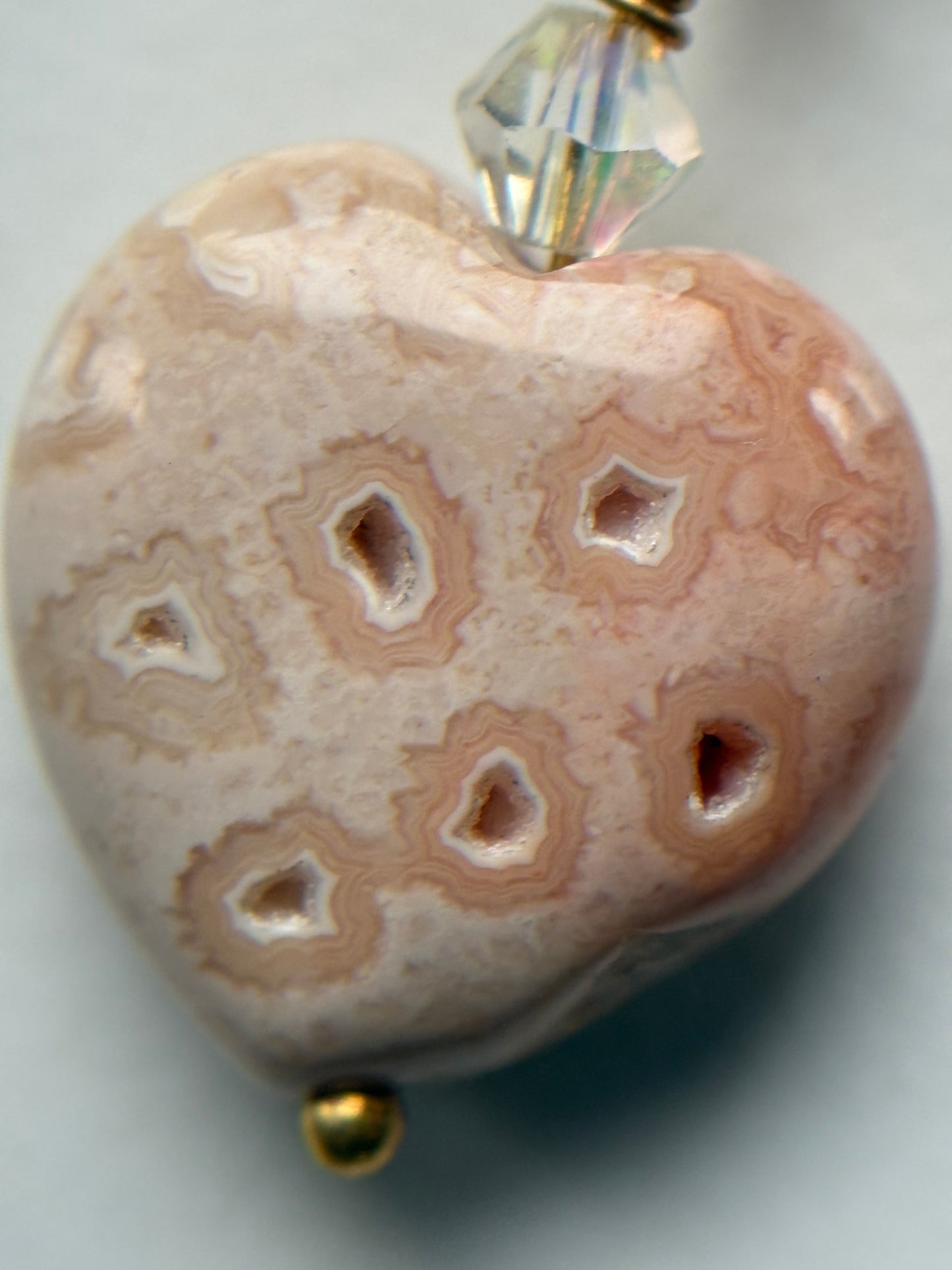 Peach Agate Druzy Coral Fossil Crystal Gemstone Heart Carving Necklace
