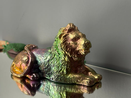 Rainbow Bismuth Crystal Lion Metal Art Sculpture