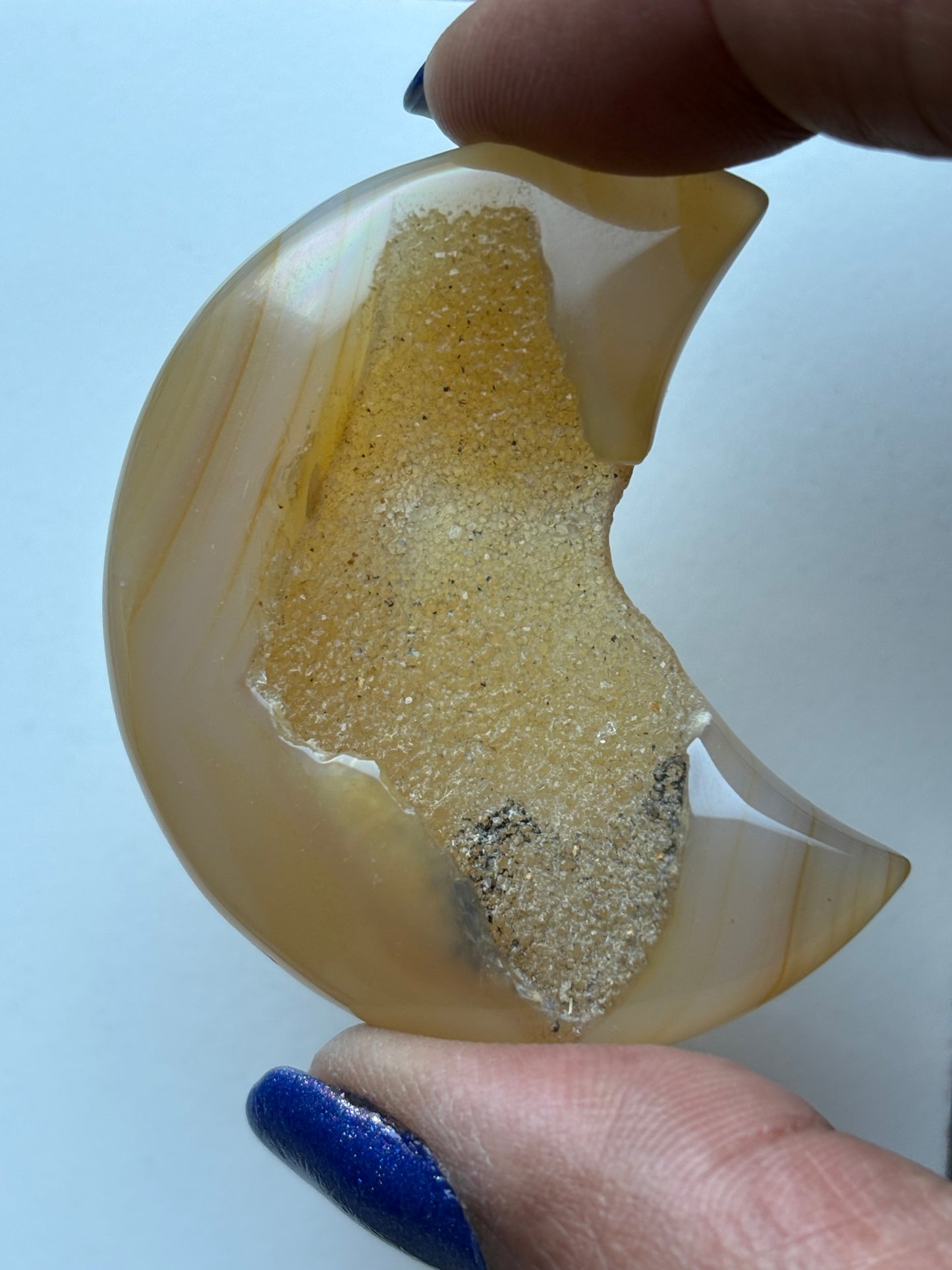 Cream Yellow Druzy Agate Gemstone Crystal Crescent Moon Carving