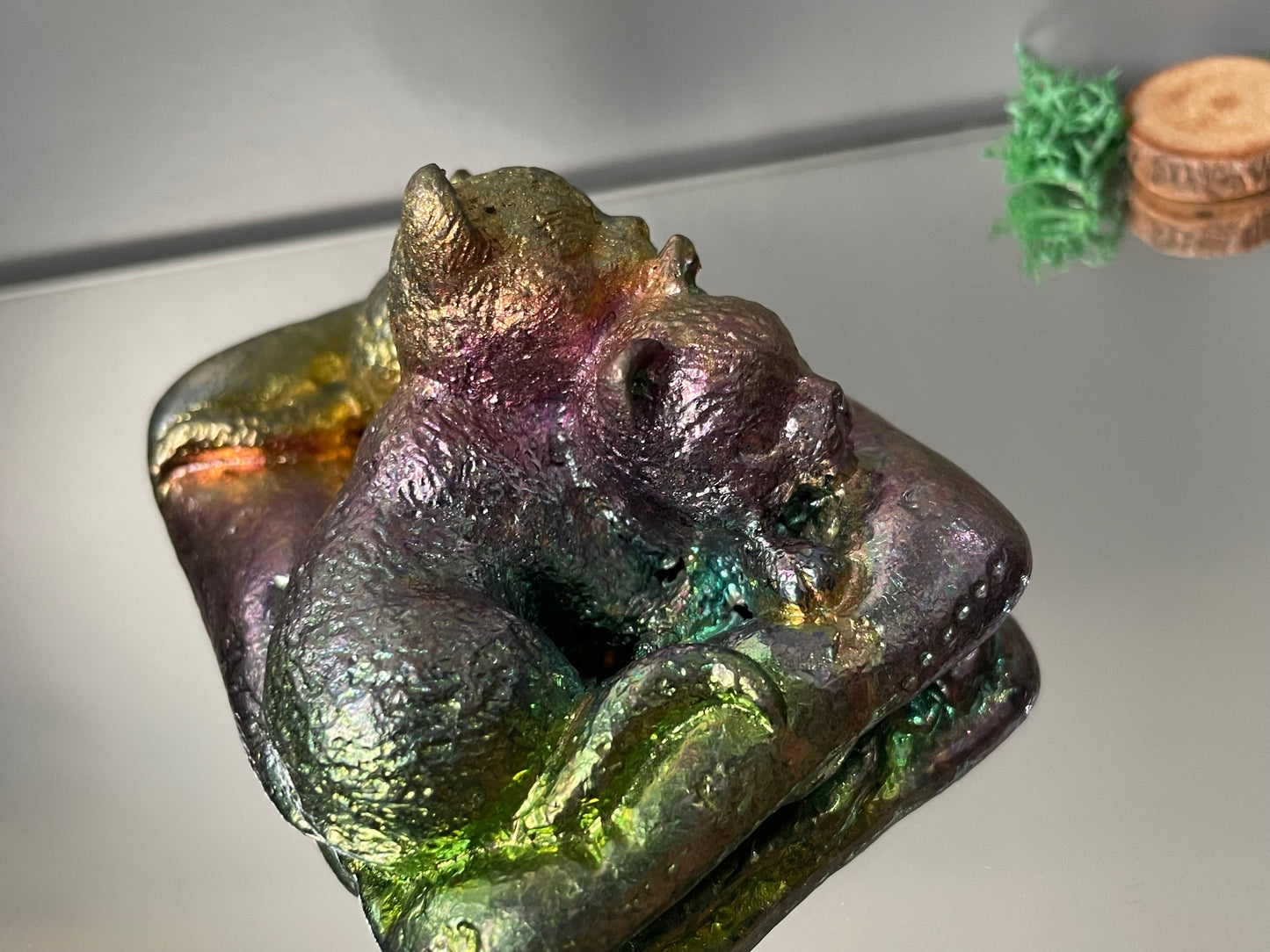 Rainbow Bismuth Crystal Sleeping Cats Metal Art Sculpture