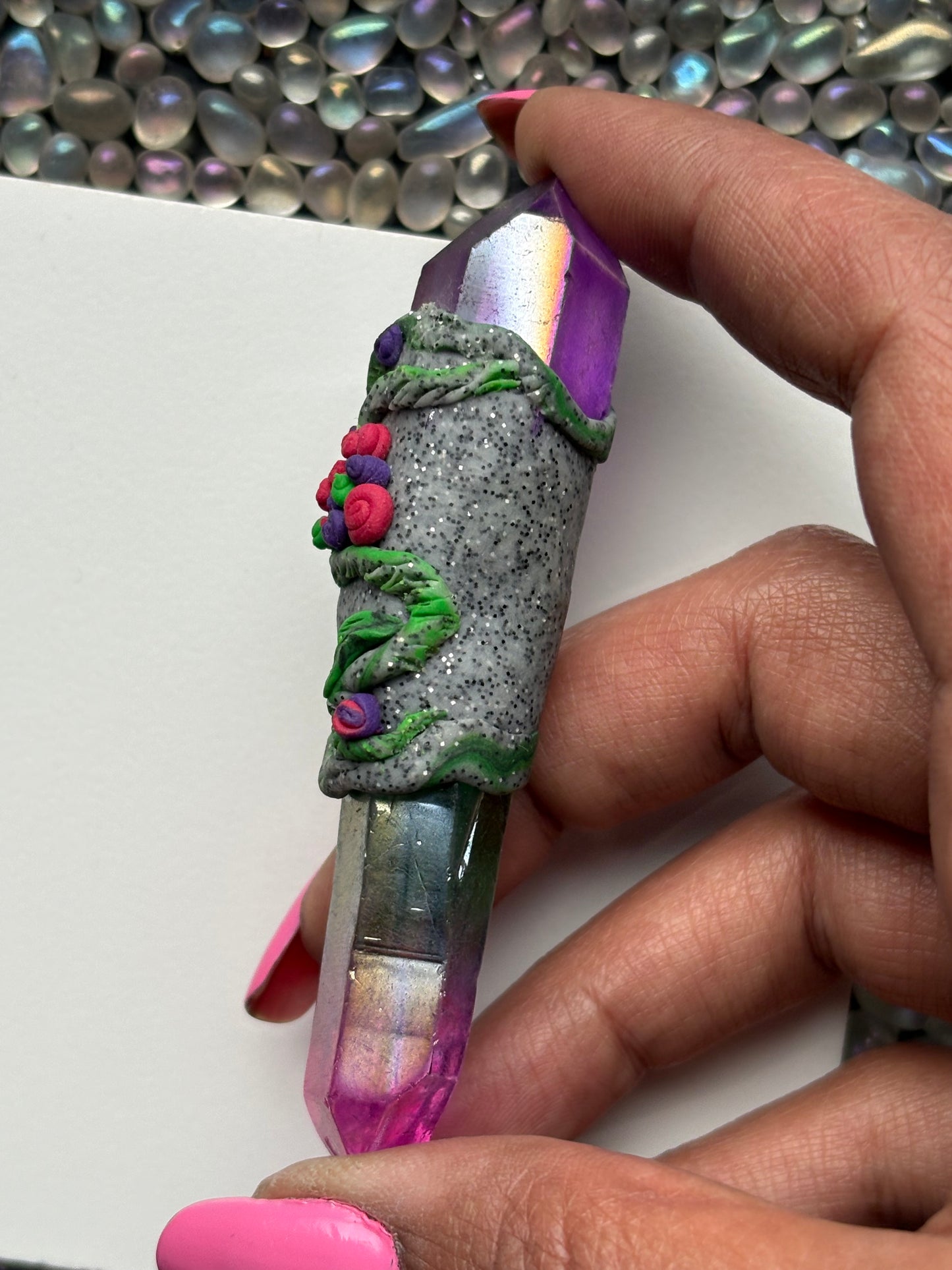 Purple Pink Green Aura Quartz Crystal Gemstone Granite Rose Flower Clay Wand - English Rose