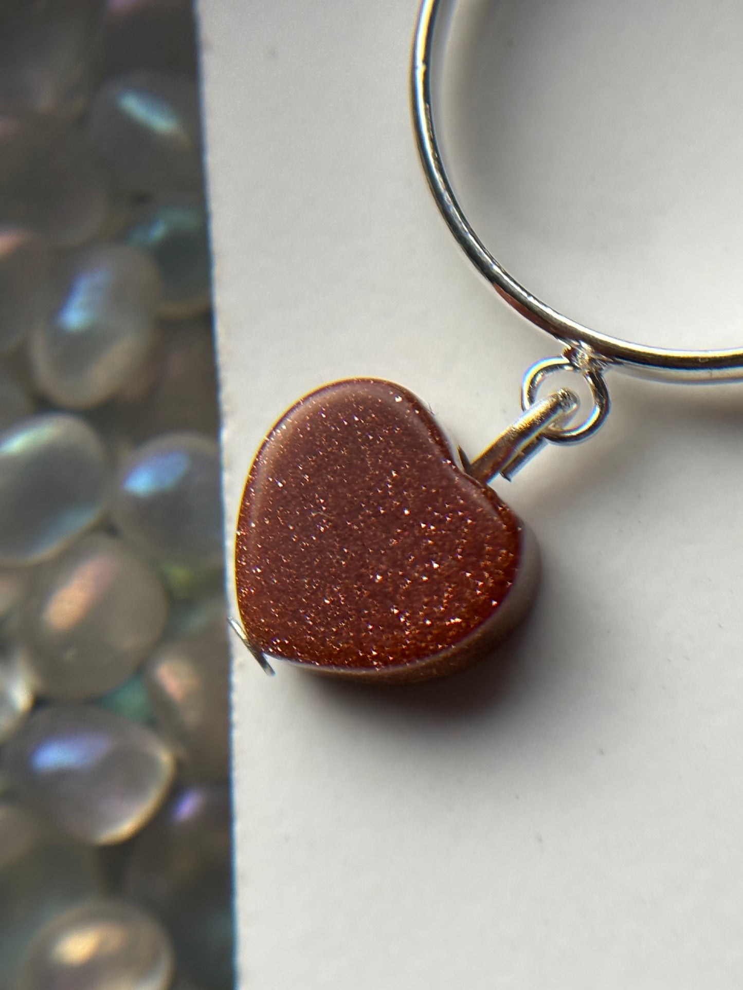 Goldstone Heart Crystal Carving Charm Silver Ring