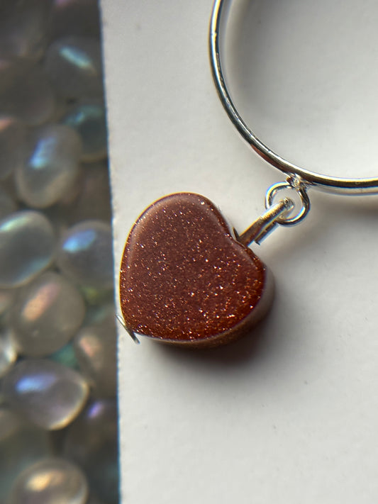 Goldstone Heart Crystal Carving Charm Silver Ring
