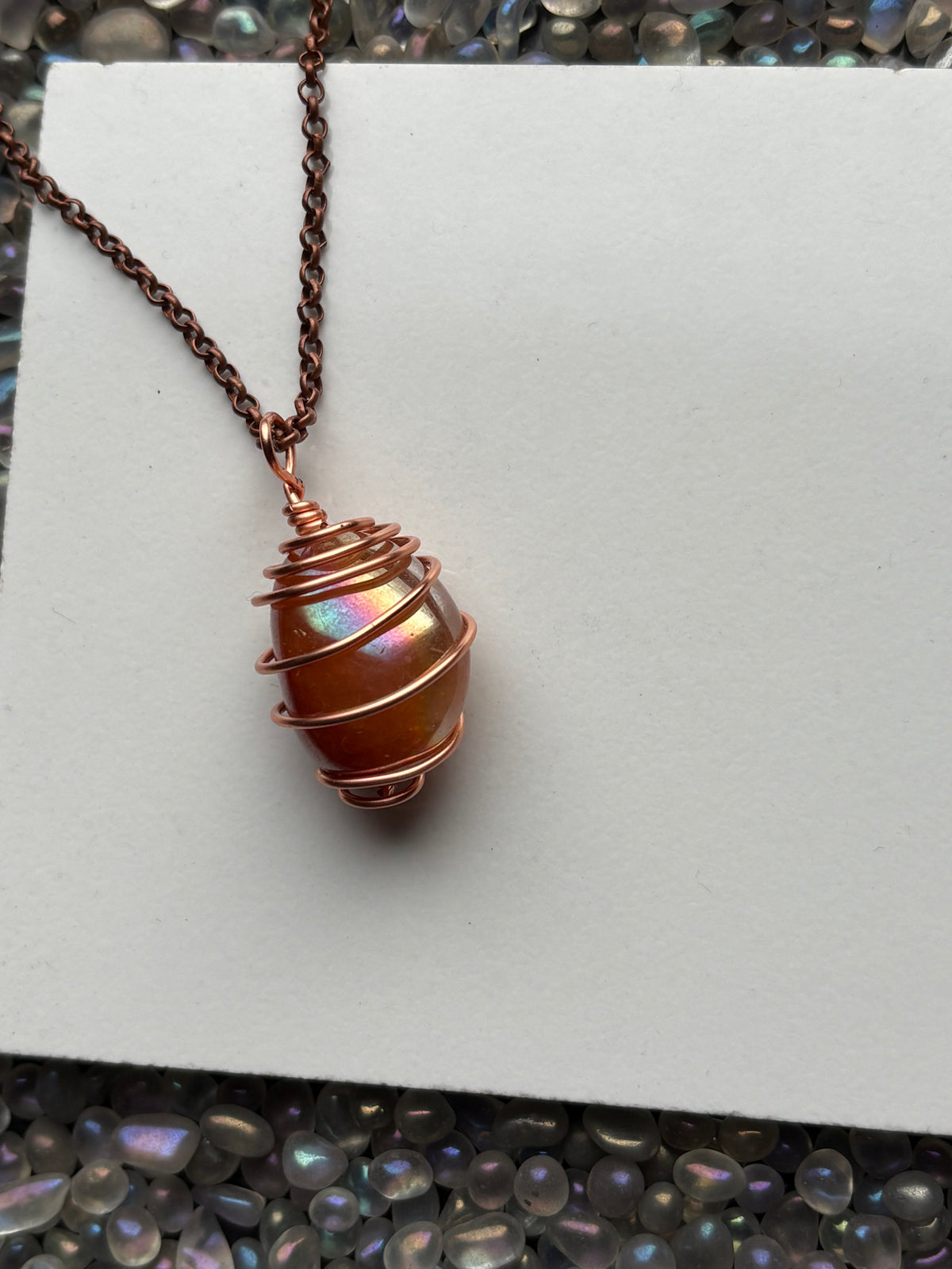 Tangerine Aura Quartz Gemstone Crystal Spiral Copper Wire Necklace