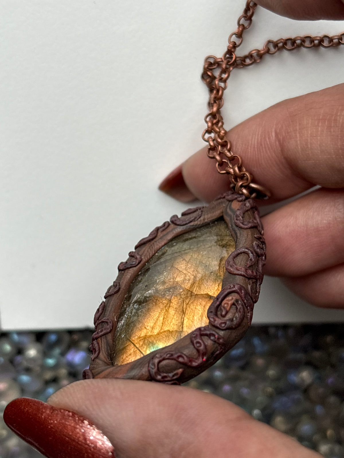 Purple Gold Labradorite Crystal Gemstone Clay Pendant Copper Necklace