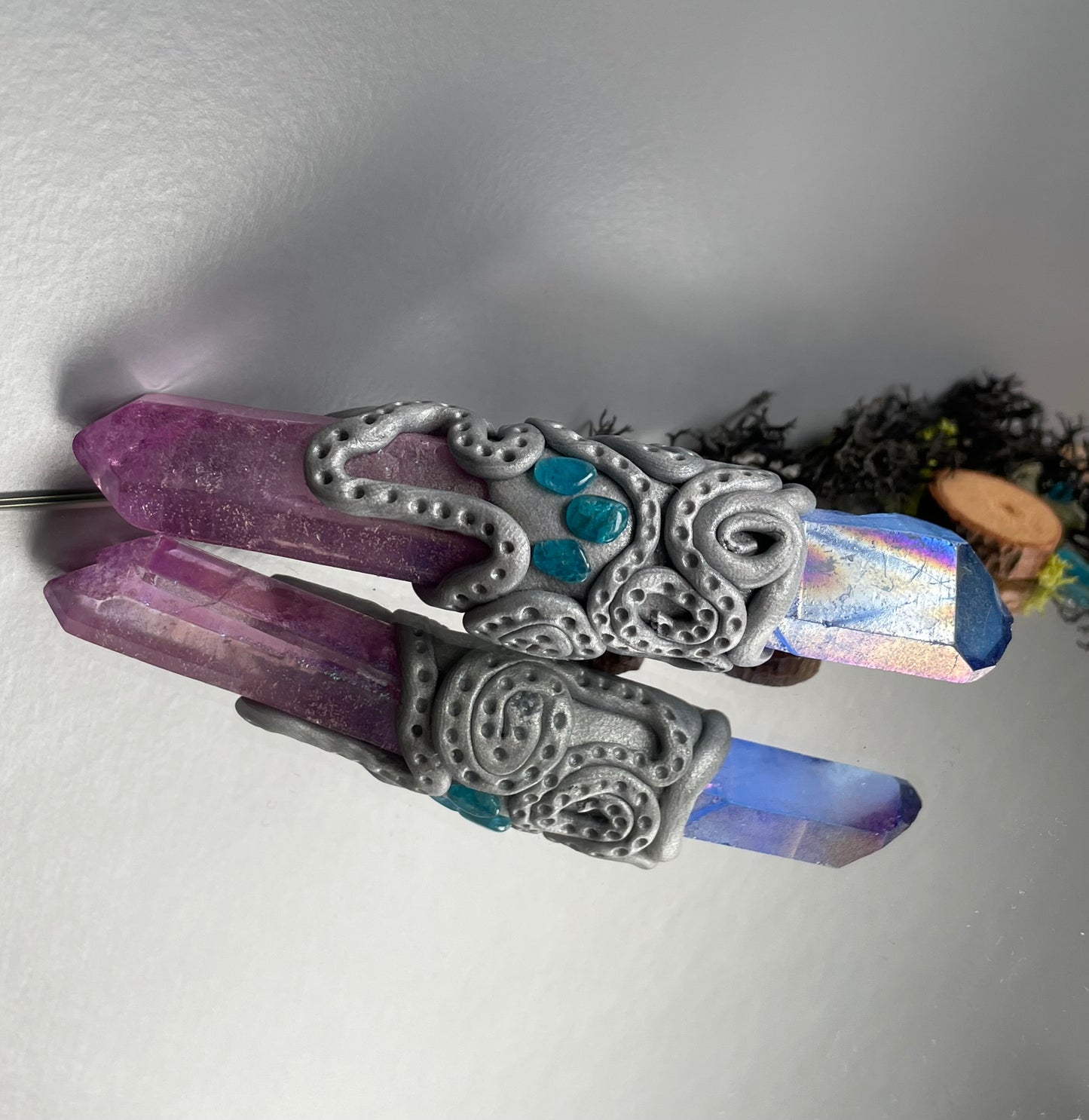 Purple Blue Aura Quartz & Apatite Crystal Gemstone Clay Wand