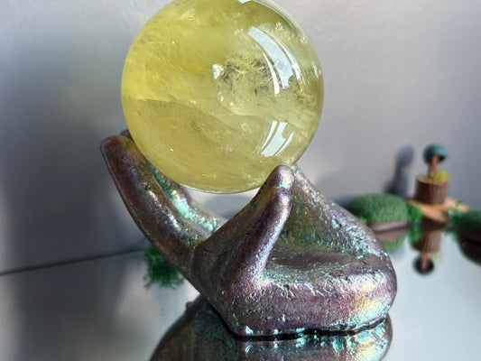 Purple Blue Bismuth Crystal Hand Sphere Holder - Metal Art Sculpture