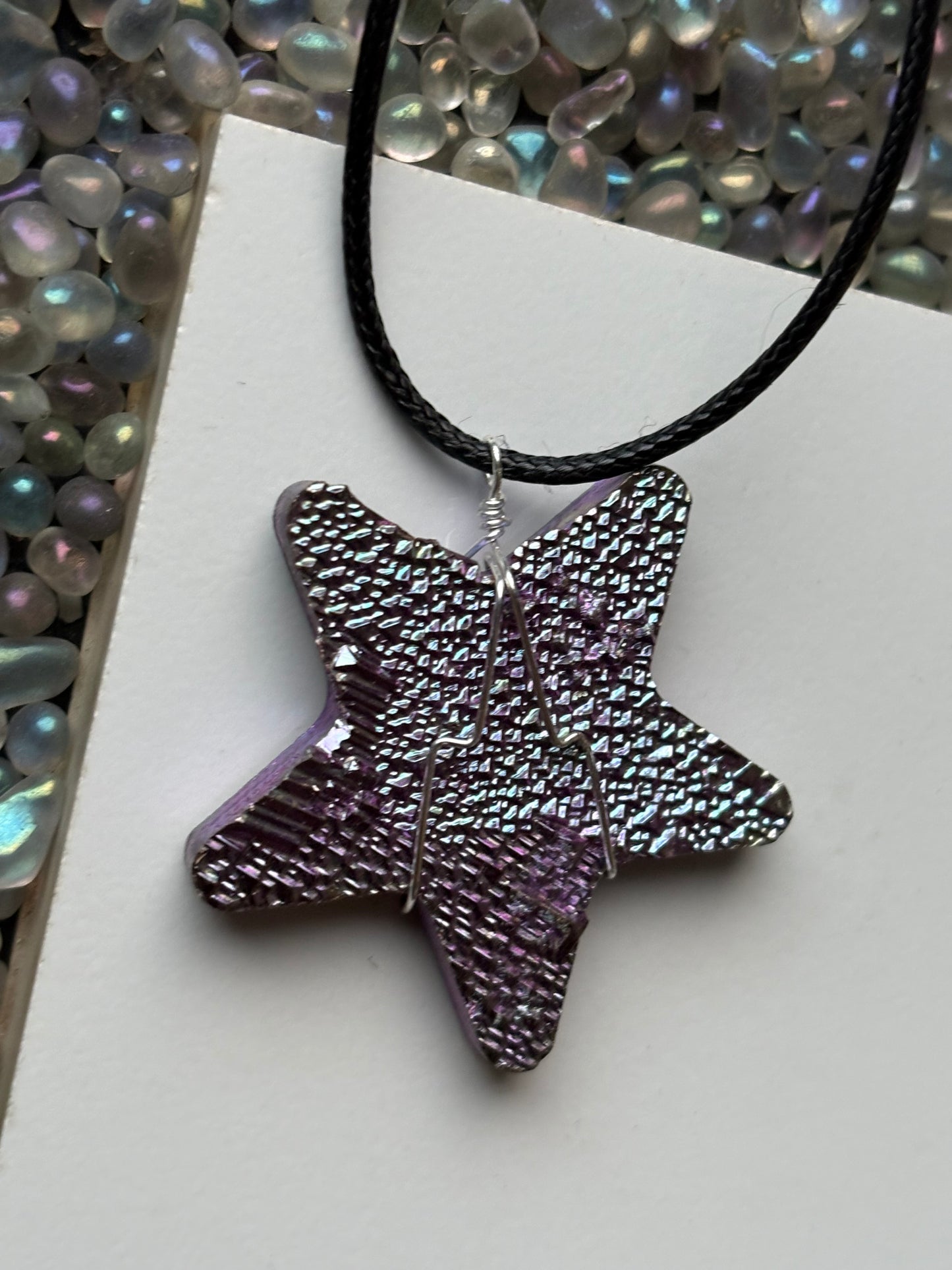 Purple Blue Bismuth Crystal Star Cut Out Metal Art Cord Necklace