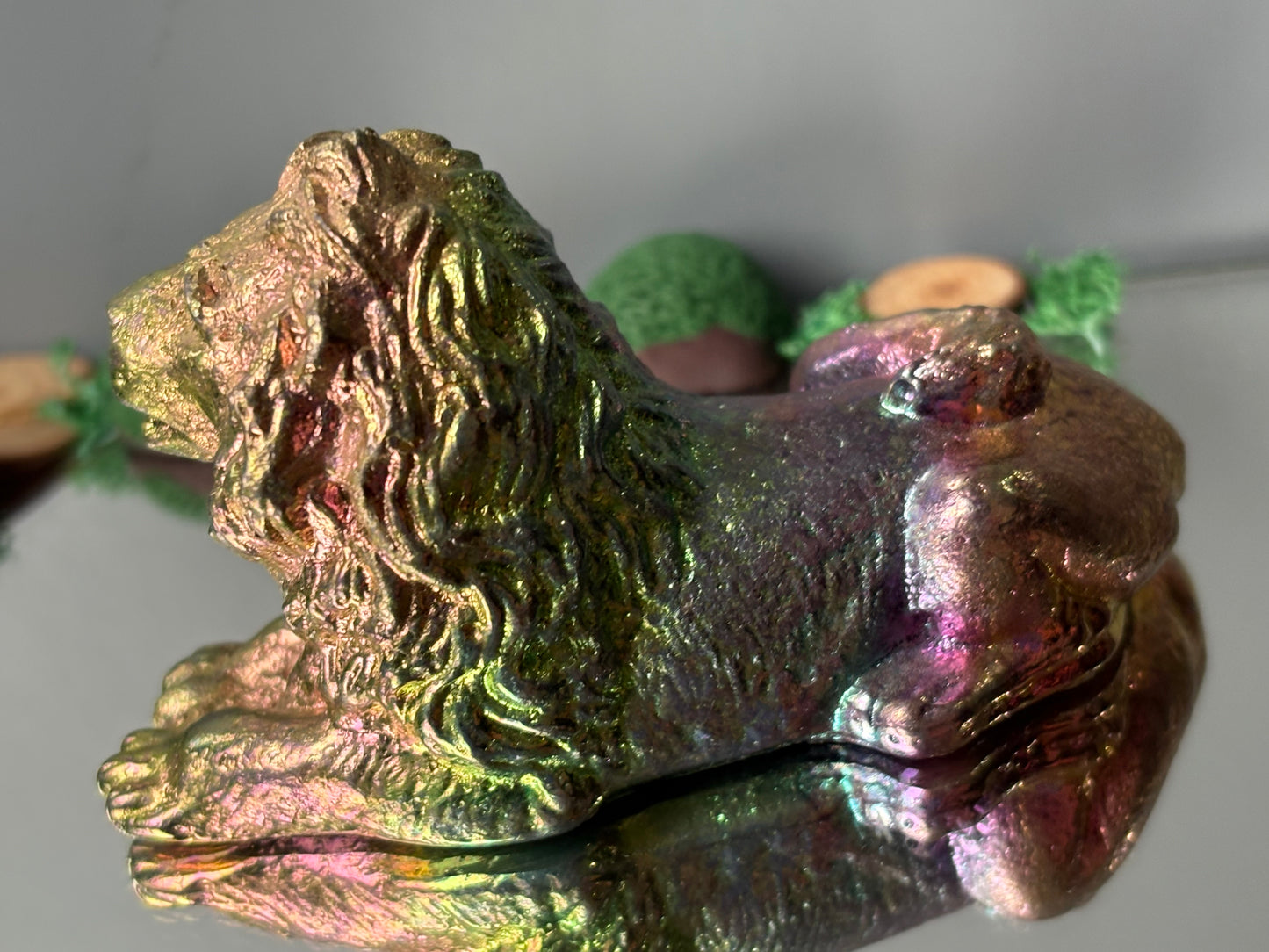Rainbow Bismuth Crystal Lion Metal Art Sculpture