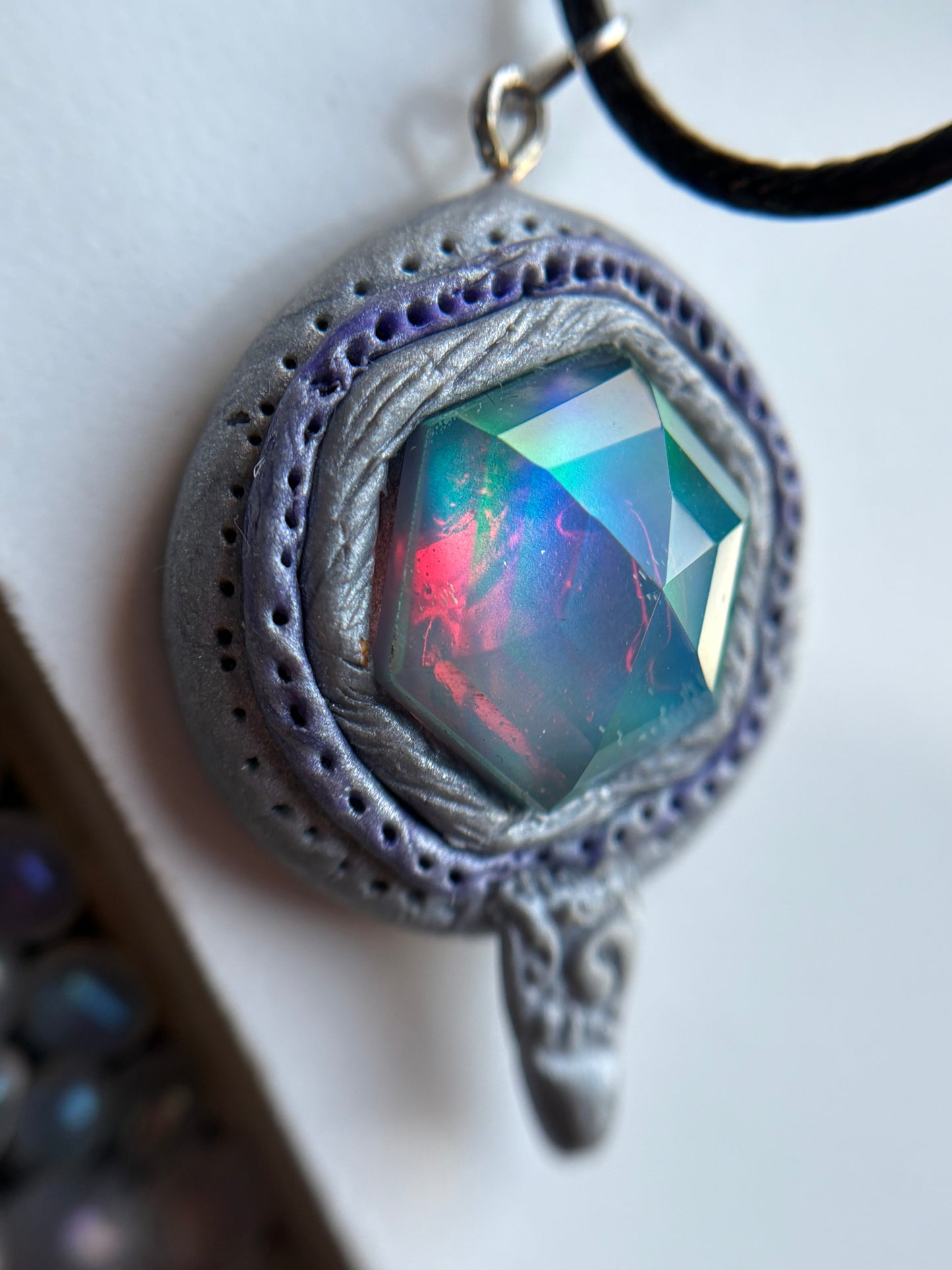 Aurora Opal Doublet Crystal Gemstone - Silver Lilac Hexagonal Dome - Necklace