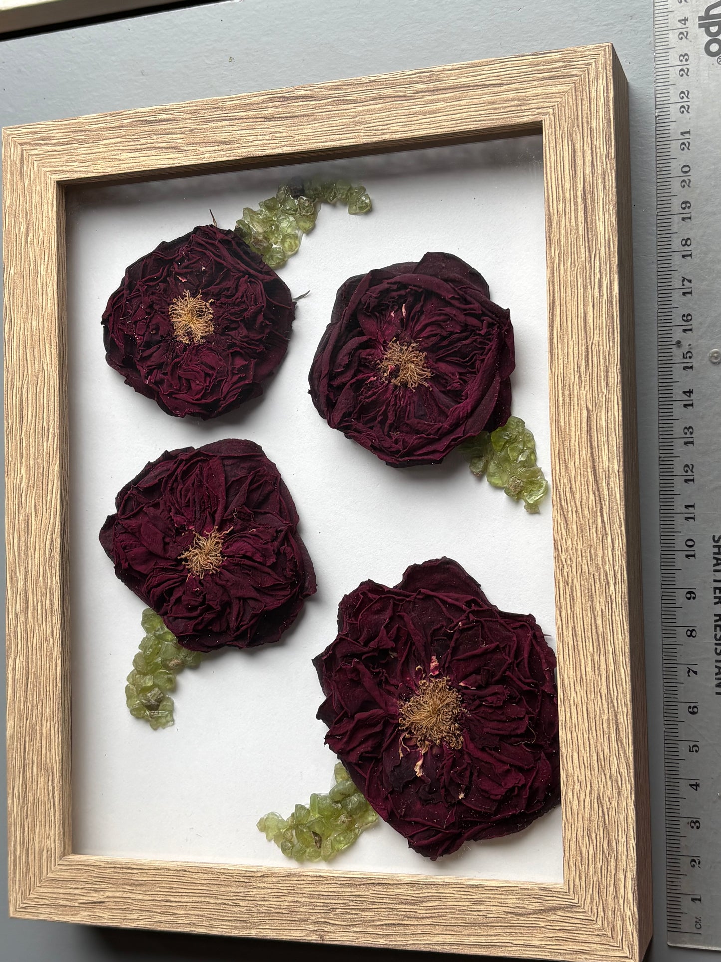 Full Dried Scottish Roses & Peridot Crystal Gemstone Leaf Art