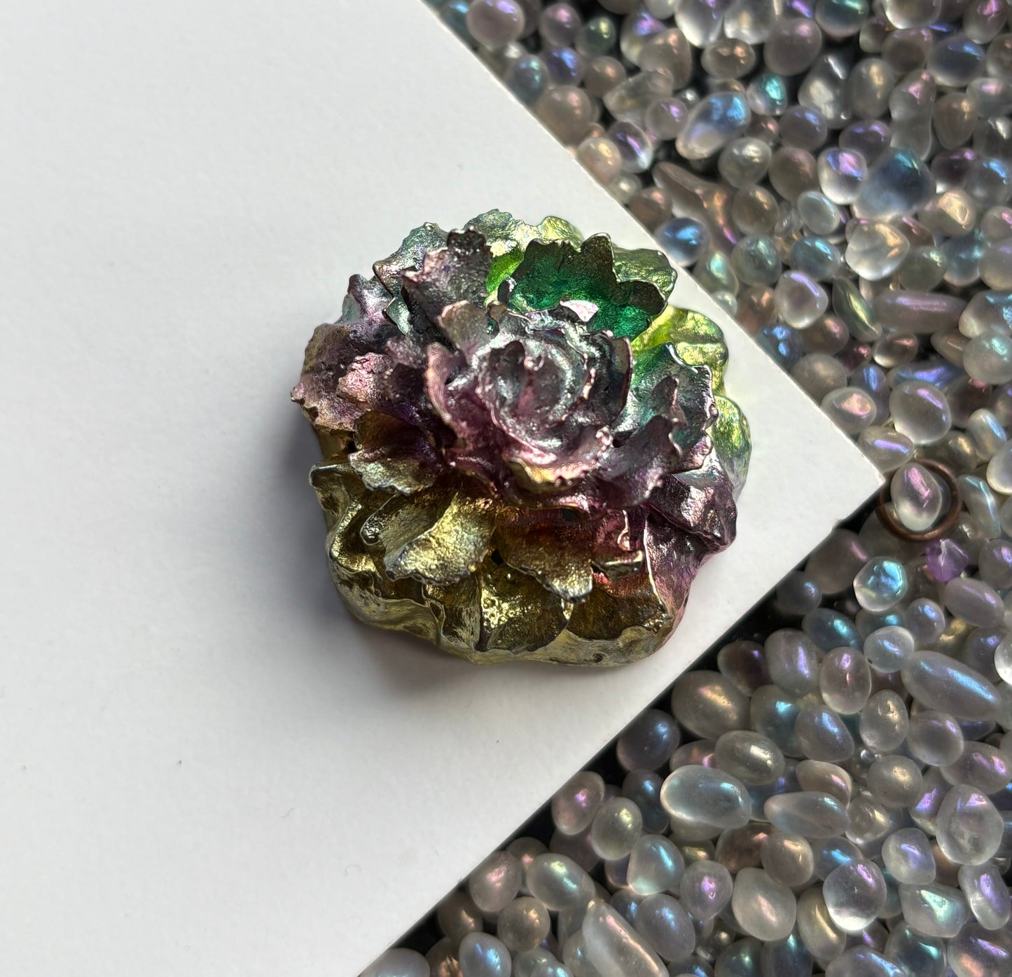 Rainbow Bismuth Crystal Rose Flower Metal Art Sculpture - Small