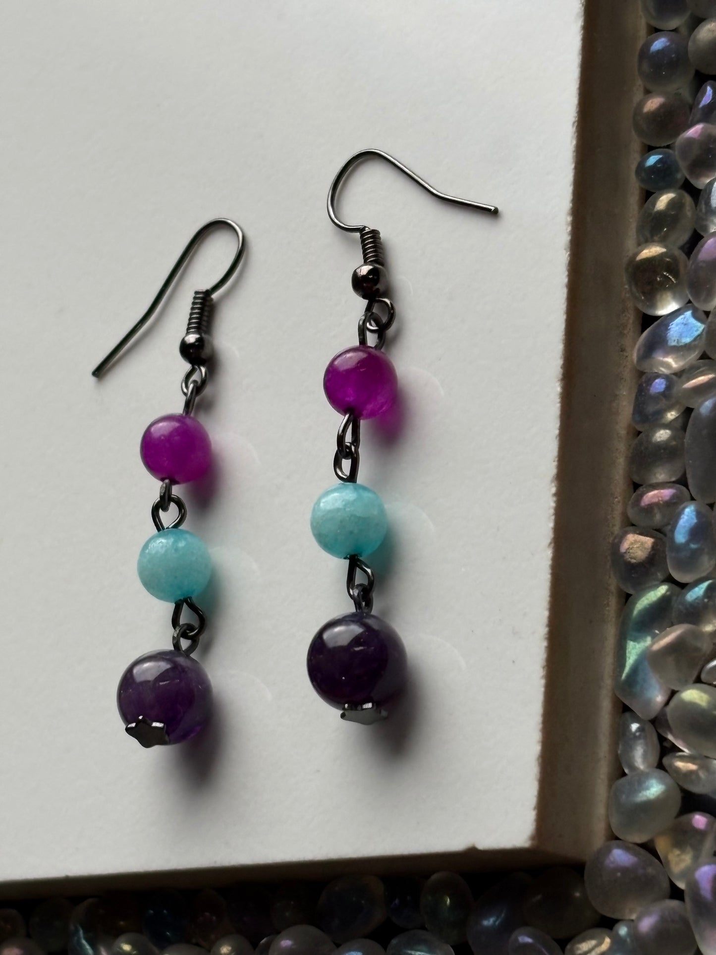 Purple Blue Quartz & Amethyst Crystal Gemstone Beaded Drop Earrings