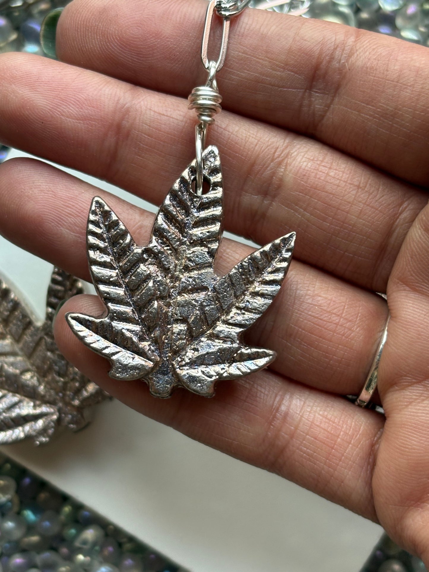 Silver Bismuth Crystal Silver Haze Leaf Necklace (2)
