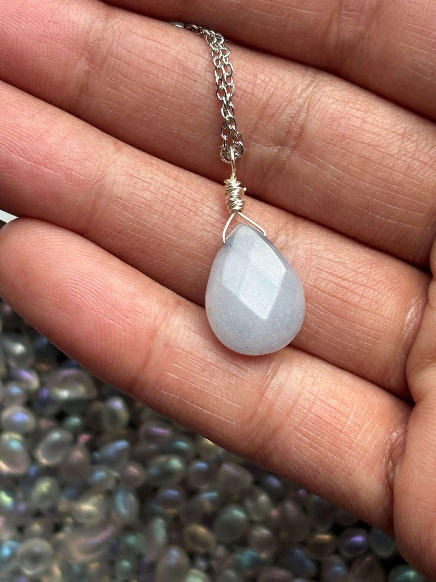 Grey Quartzite Crystal Gemstone Teardrop Silver Necklace (Certified)