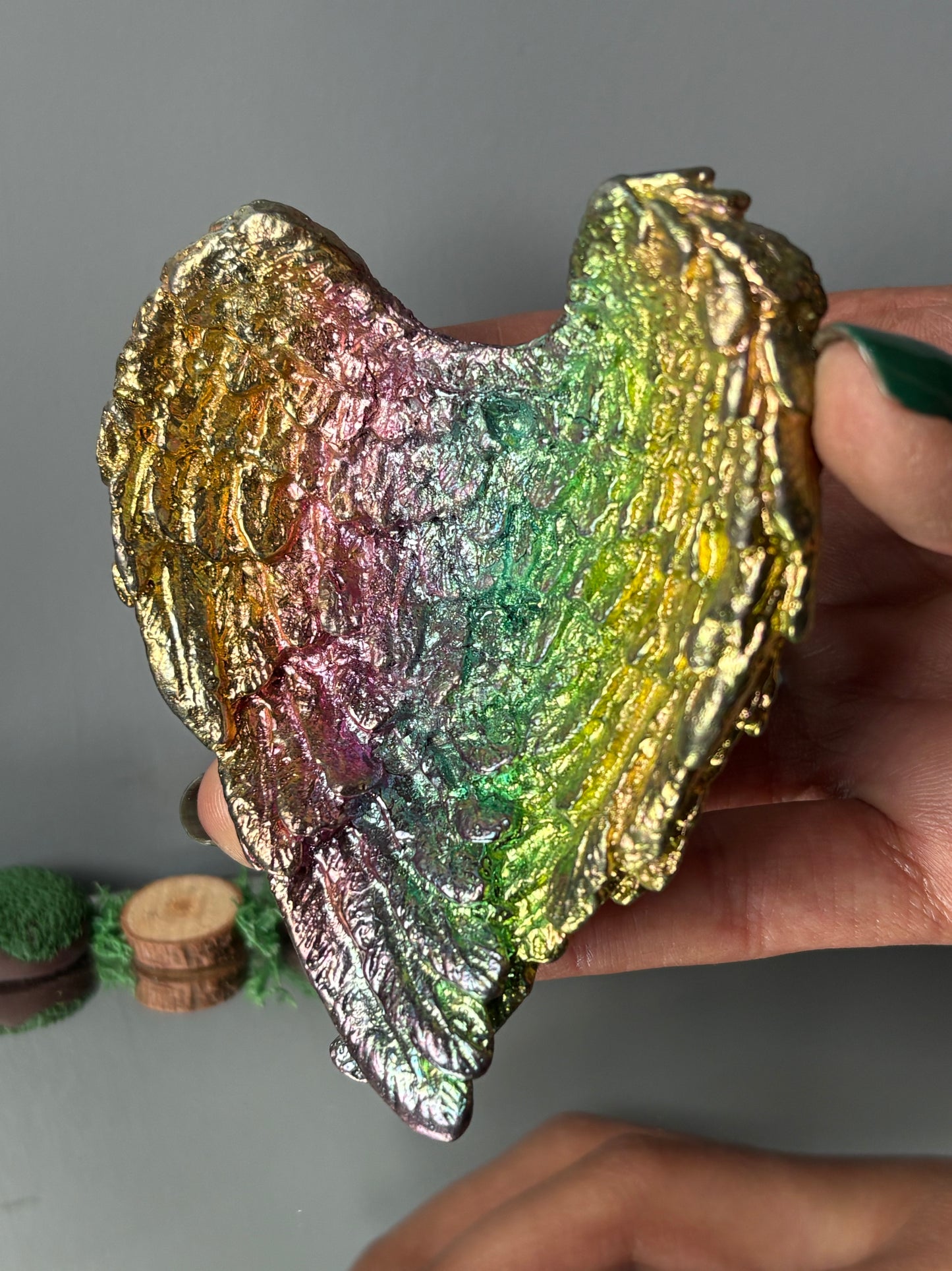 Rainbow Bismuth Crystal Angel Wing Dish / Sphere Holder Metal Art Sculpture