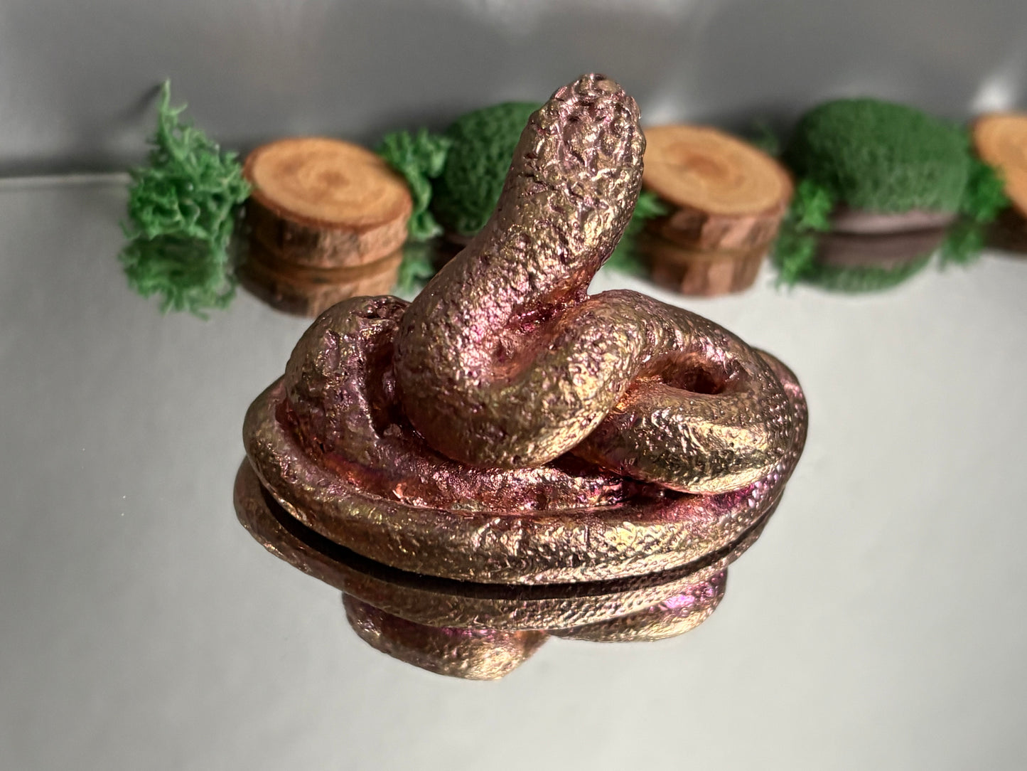 Pink Bismuth Crystal Coil Snake Metal Art Sculpture