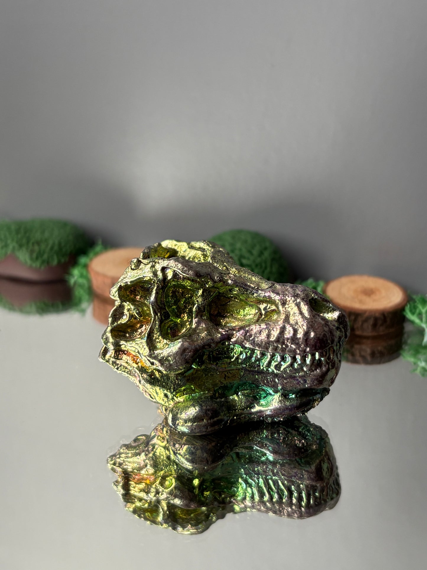 Teal Green Bismuth Crystal Small Trex Skull Metal Art Sculpture