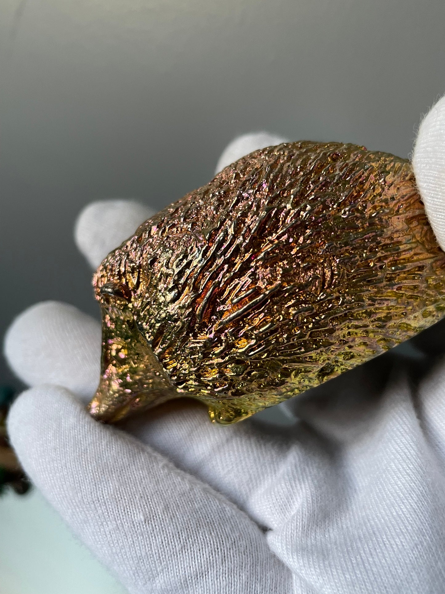 Peach Gold Bismuth Crystal Large Hedgehog Metal Art Sculpture