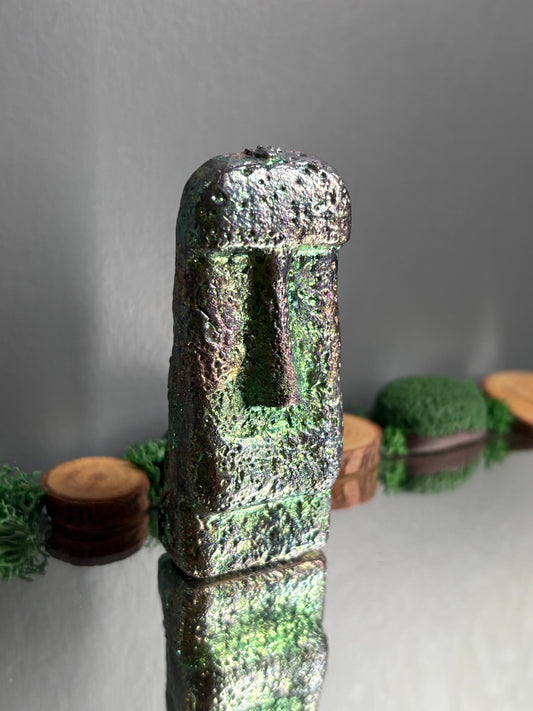Teal Green Bismuth Crystal Moai Head Easter Island Metal Art Sculpture