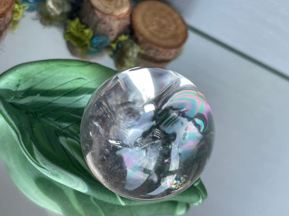 Rainbow Quartz Crystal Gemstone Sphere Clay Leaf Holder Gift Set