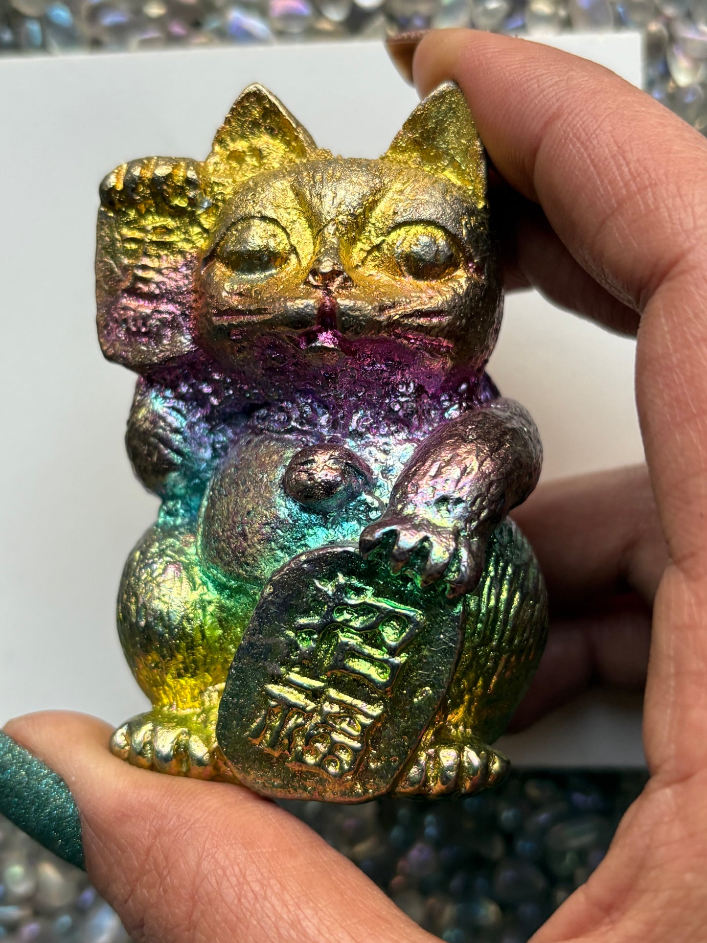 Rainbow Bismuth Crystal Lucky Cat Metal Art Sculpture
