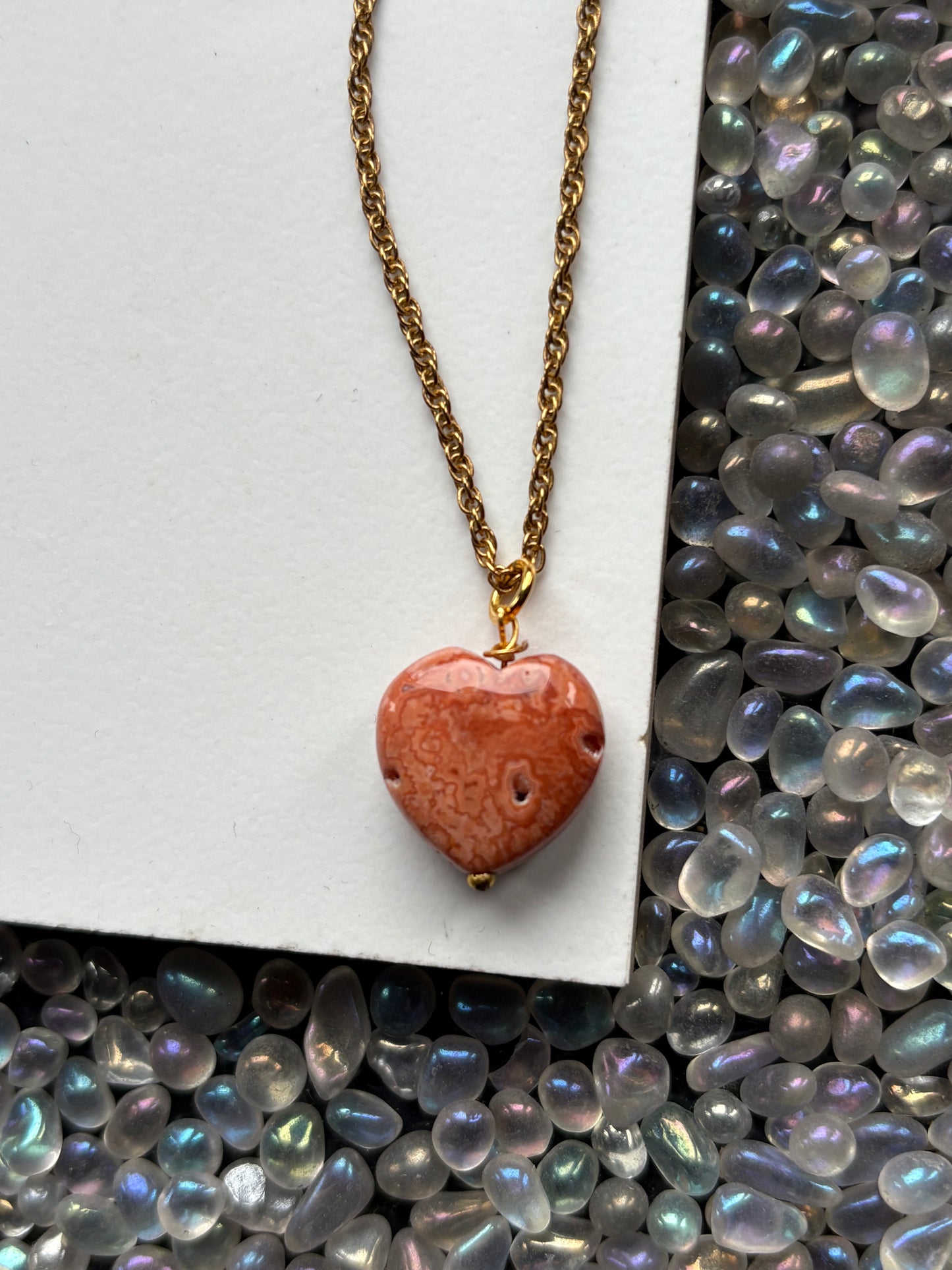 Orange Agate Druzy Coral Fossil Crystal Gemstone Heart Carving Necklace
