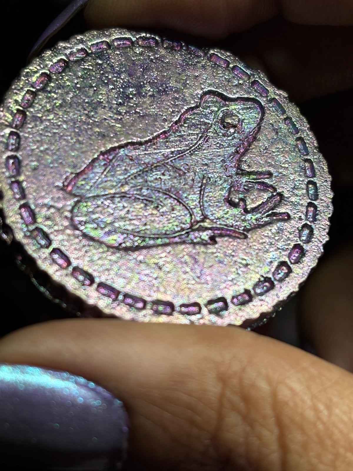 Purple Blue Bismuth Crystal Frog Large Coin Metal Art Sculpture