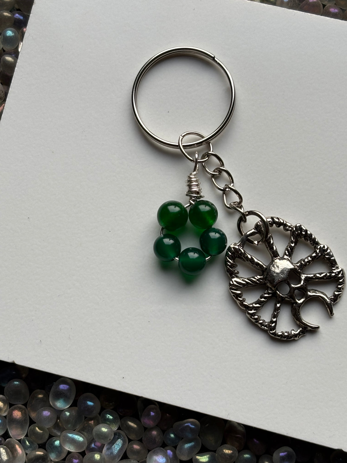 Green Quartz Crystal Gemstone Spider Silver Keychain