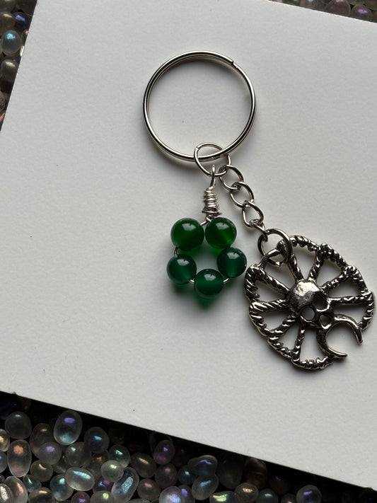 Green Quartz Crystal Gemstone Spider Silver Keychain