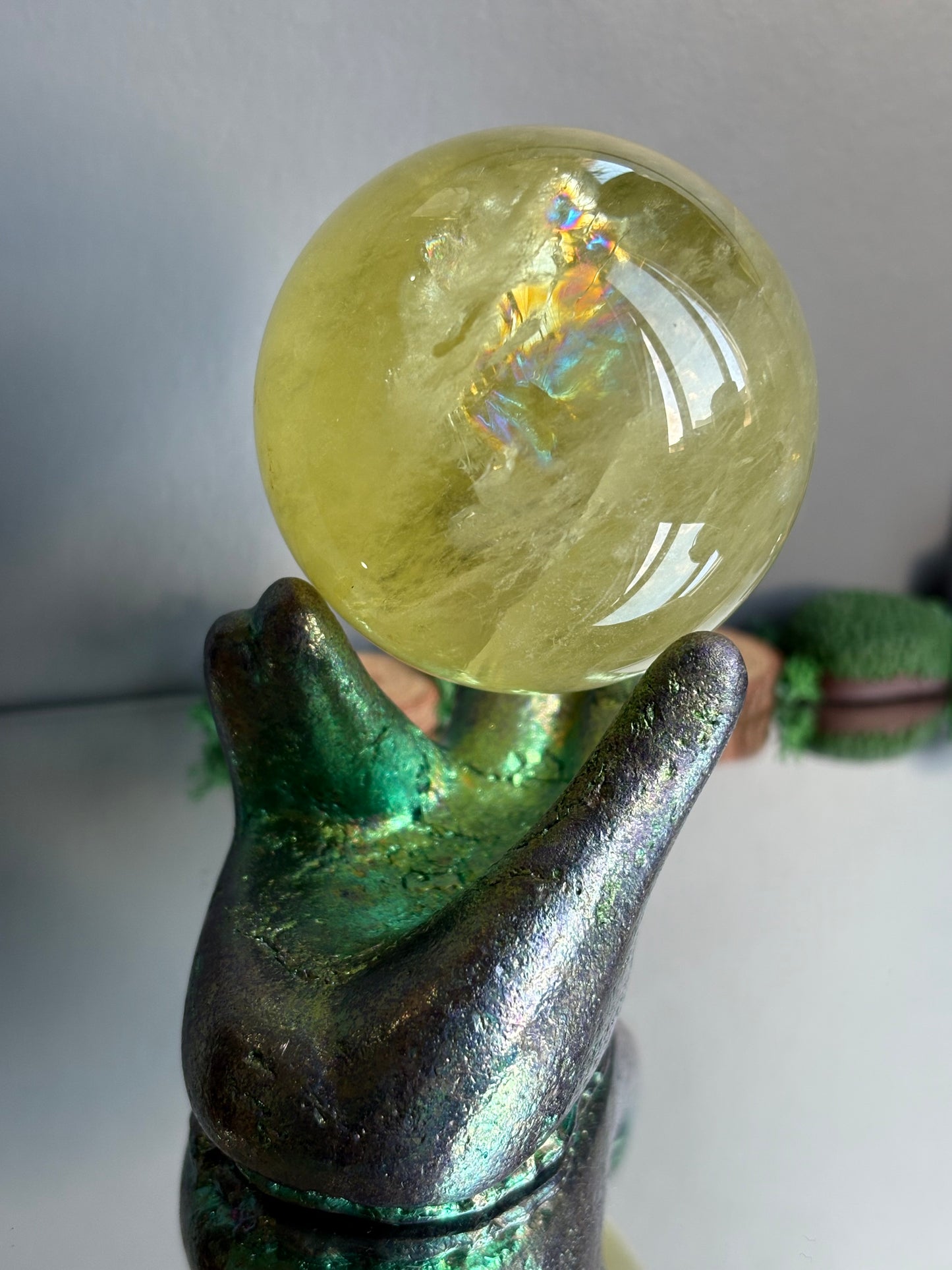 Teal Bismuth Crystal Hand Sphere Holder - Metal Art Sculpture