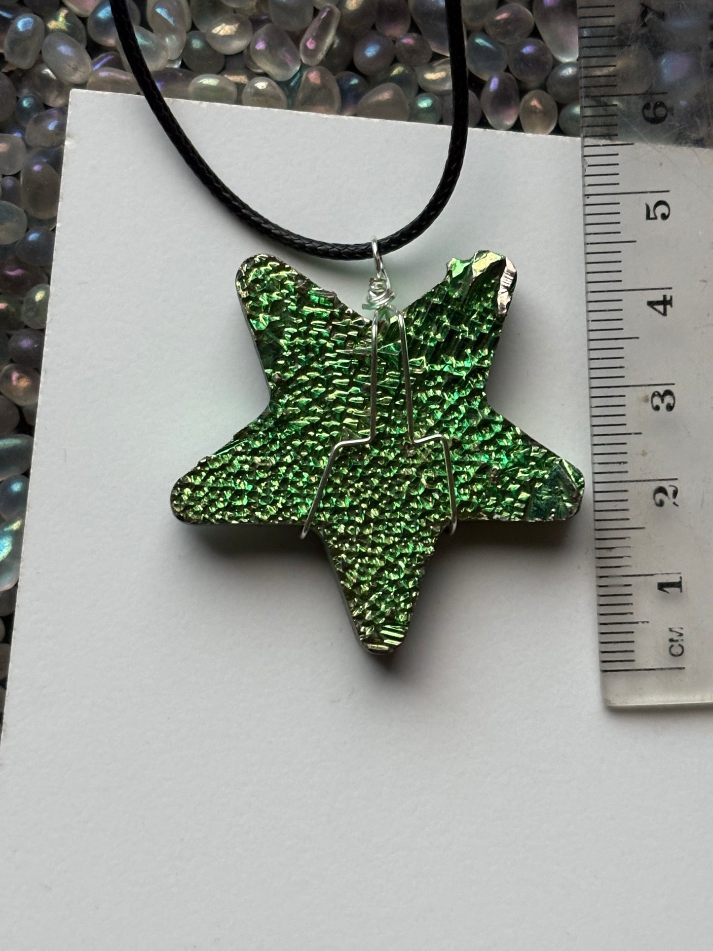 Green Bismuth Star Crystal Cut Out Metal Art Cord Necklace