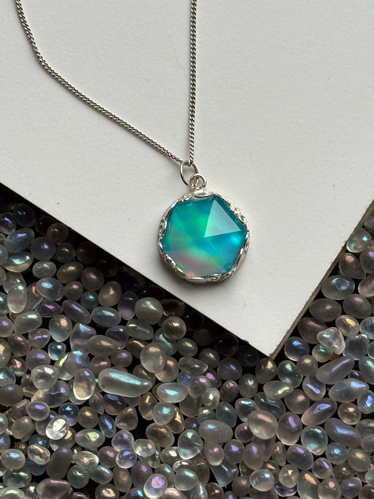 Aurora Opal Doublet Crystal Gemstone Hexagonal Leaf Bezel 925 Sterling Silver Necklace