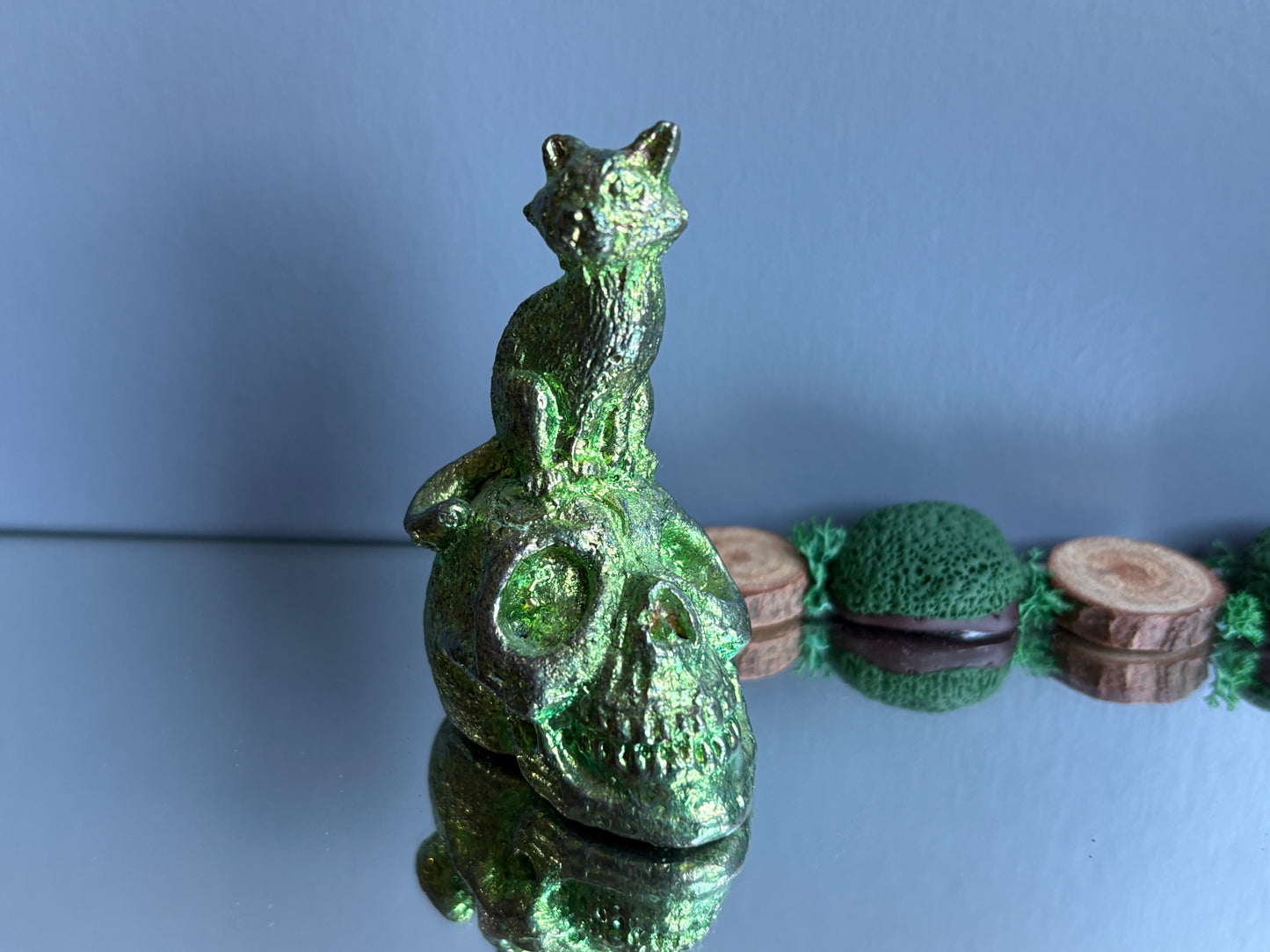 Green Bismuth Crystal Cat on Skull Metal Art Sculpture