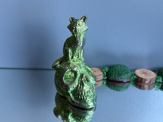 Green Bismuth Crystal Cat on Skull Metal Art Sculpture