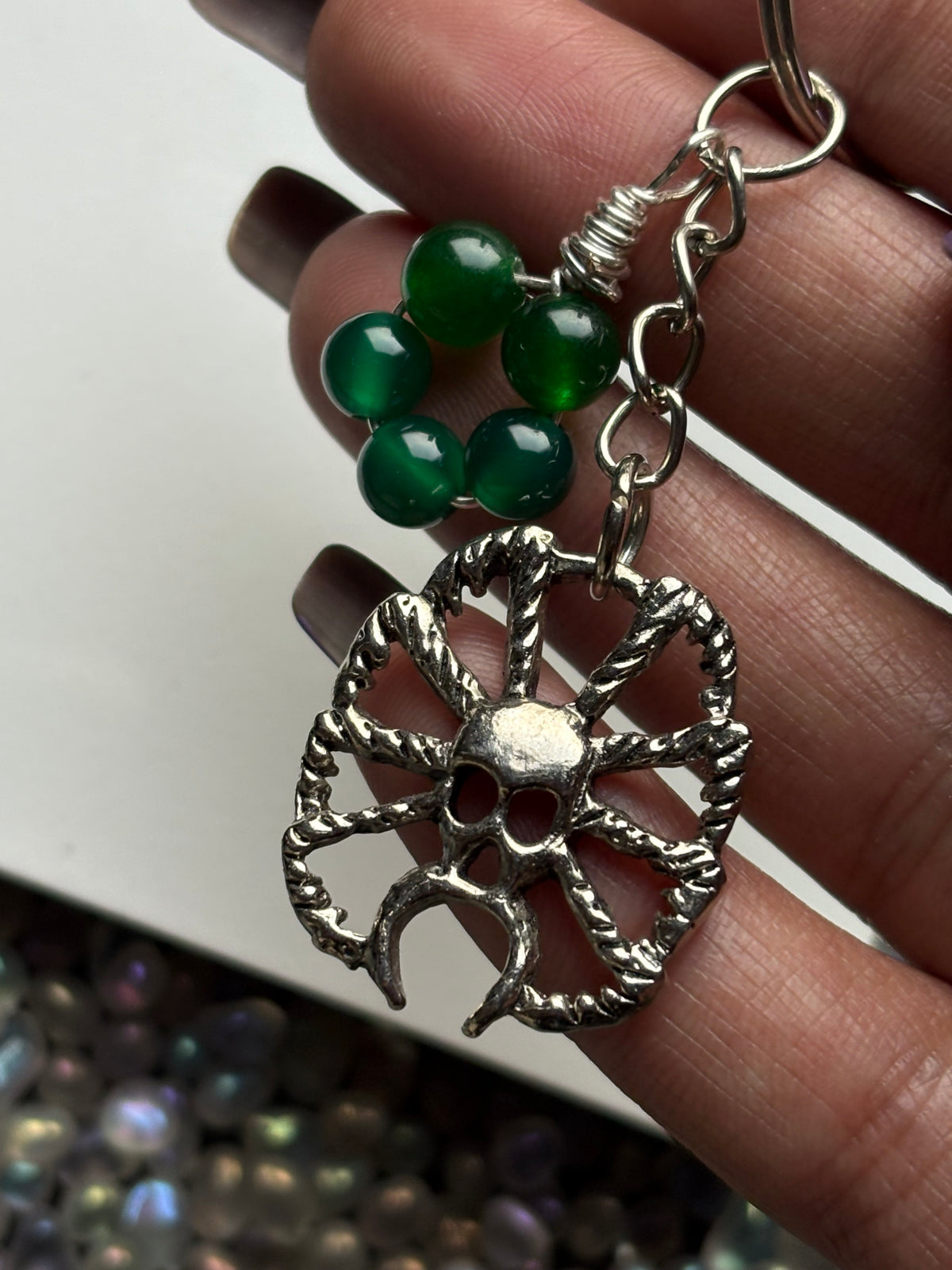 Green Quartz Crystal Gemstone Spider Silver Keychain