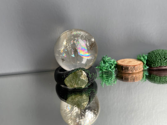 Rainbow Smoky Quartz Crystal Gemstone Sphere Clay Peridot Ring Holder Gift Set