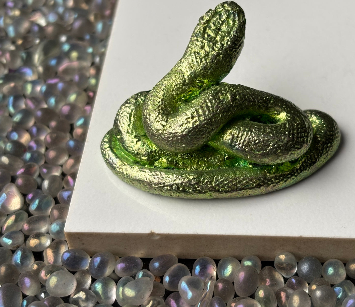 Green Bismuth Crystal Coil Snake Metal Art Sculpture