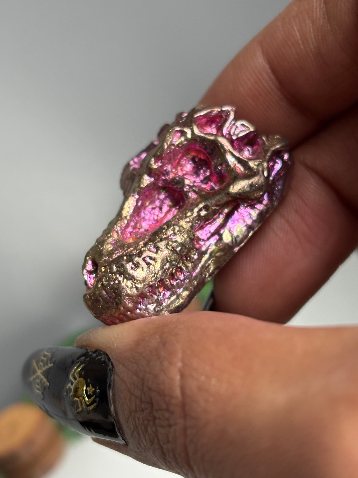 Pink Bismuth Crystal Small Trex Skull Metal Art Sculpture