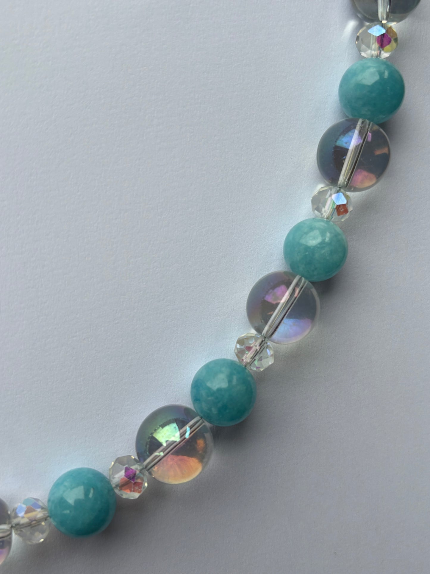 Blue Quartz Gemstone & Aura Coated Glass Crystal Beaded Silver Chunky Necklace